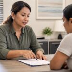Trabajadora comunitaria ayuda a una mujer con una solicitud en una oficina