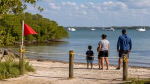 Familia permanece fuera del agua junto a una bandera roja en una playa de Tampa Bay