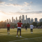 Jugadores de fútbol americano entrenan antes de un partido de pretemporada