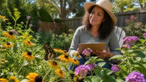 Residente observa mariposas y abejas en un jardín de Florida durante el censo de polinizadores