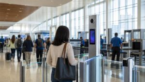 Viajera utiliza una puerta automática de verificación en un aeropuerto