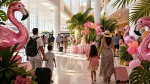 Familias recorren un aeropuerto decorado con flamencos rosados