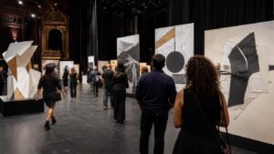 Visitantes recorren una exposición de arte contemporáneo instalada en un teatro de Tampa