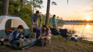 Familia prepara equipo de pesca y campamento junto a un lago de Florida