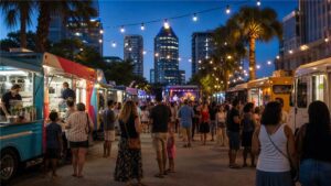 Festival nocturno con camiones de comida y música en el centro de Tampa