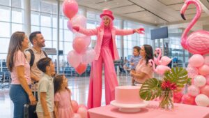 Familias disfrutan una fiesta con temática de flamencos en un aeropuerto