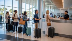 Viajeros esperan una entrevista de Global Entry en un aeropuerto moderno