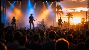 Concierto de rock al aire libre al atardecer ante una multitud