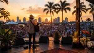 Guitarrista acústico frente a un público durante un concierto al atardecer en Florida