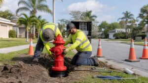 Trabajadores instalan un hidrante rojo en un vecindario de Florida