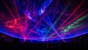 Luces láser de colores proyectadas dentro de un domo digital ante el público