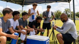 Entrenador revisa un medidor de calor mientras atletas se hidratan bajo sombra