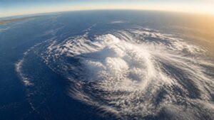 Nubes de una perturbación tropical sobre aguas abiertas del océano Atlántico