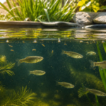 Pequeños peces antimosquitos nadan en un estanque ornamental