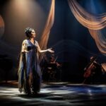 Actriz interpreta un musical acompañada por músicos en escena