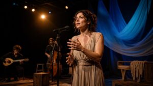 Cantante interpreta un musical con banda de cuerdas en un escenario íntimo