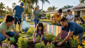 Vecinos voluntarios mejoran un jardín comunitario en un barrio de Florida