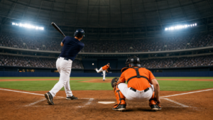 Bateador y receptor durante un partido de béisbol en estadio cubierto