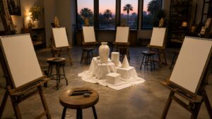 Estudio de arte con caballetes y materiales de dibujo preparado para una clase en Tampa