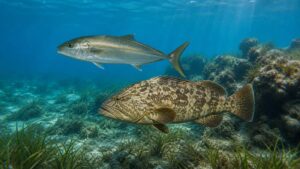 Mero gag y medregal mayor nadan en aguas del Golfo de Florida