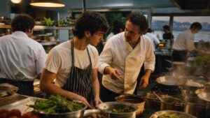 Joven cocinero aprende durante el servicio en una cocina profesional