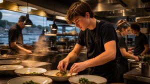 Joven cocinero prepara platos en una cocina profesional