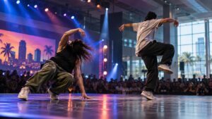 Bailarines participan en una competencia de baile urbano