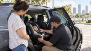 Técnico revisa una silla de auto infantil con una madre