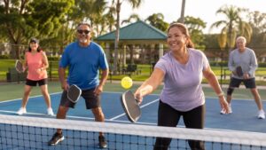 Adultos mayores juegan pickleball en un parque de Tampa Bay