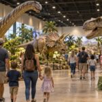 Familias recorren una exhibición interior de dinosaurios