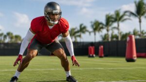 Jugador de fútbol americano practica en un campo de Tampa Bay