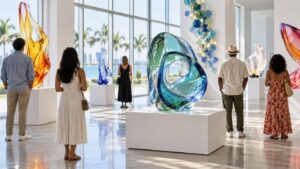 Visitantes observan esculturas de vidrio en una galería de arte