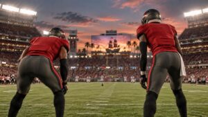 Dos jugadores defensivos novatos en un estadio de fútbol americano