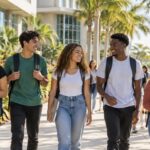 Estudiantes universitarios caminando por un campus de Tampa Bay