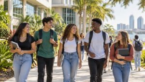 Estudiantes universitarios caminando por un campus de Tampa Bay