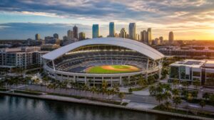 Vista conceptual de un estadio de béisbol moderno en Tampa
