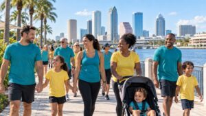 Familias participan en una caminata solidaria frente al agua