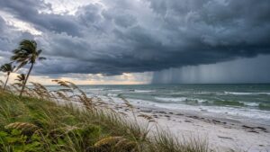 Cielo de tormenta y oleaje en la costa de Florida ante una amenaza tropical